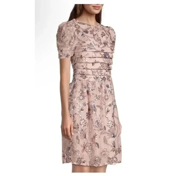 New Rachel Parcell Pink Sequin Tulle Embroidered Short Sleeve Dress Size 8 - Picture 3 of 13